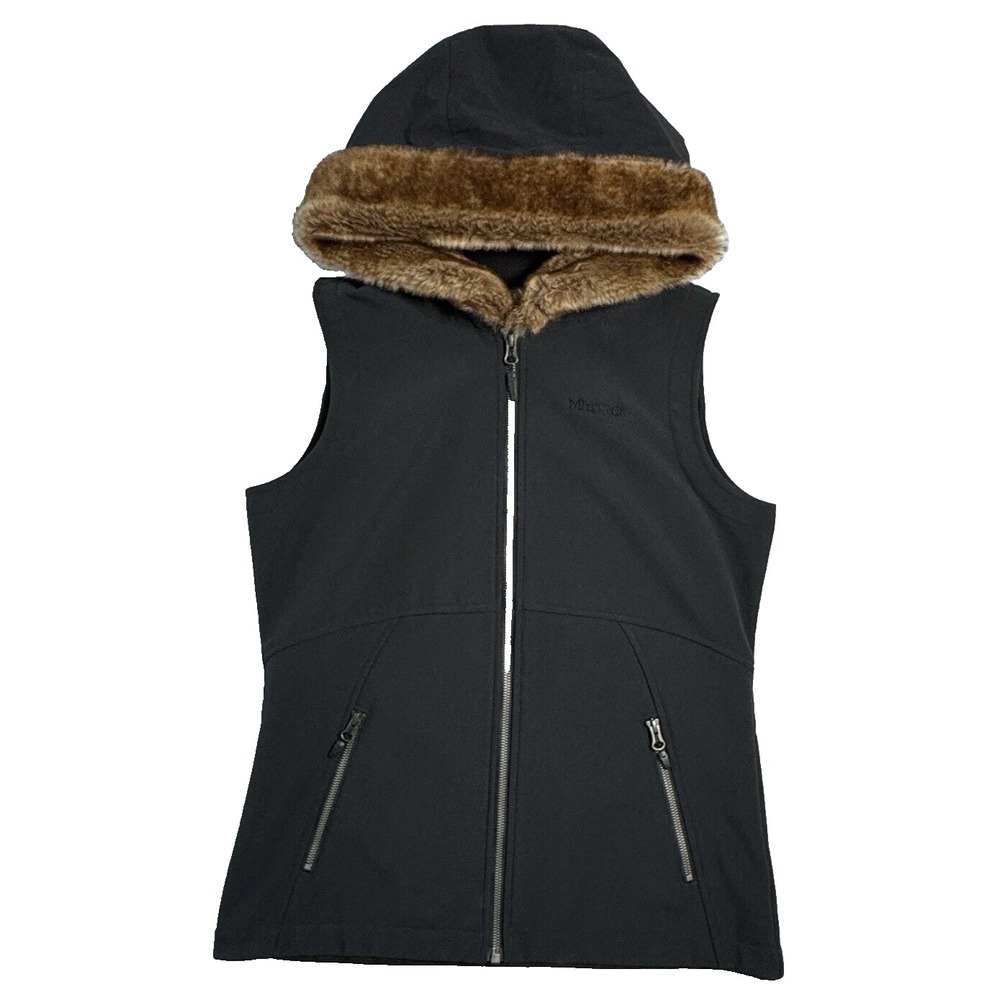 Marmot Kitzbuhel Hooded Vest Womens Medium Black Faux Fur‎ Trim Softshell